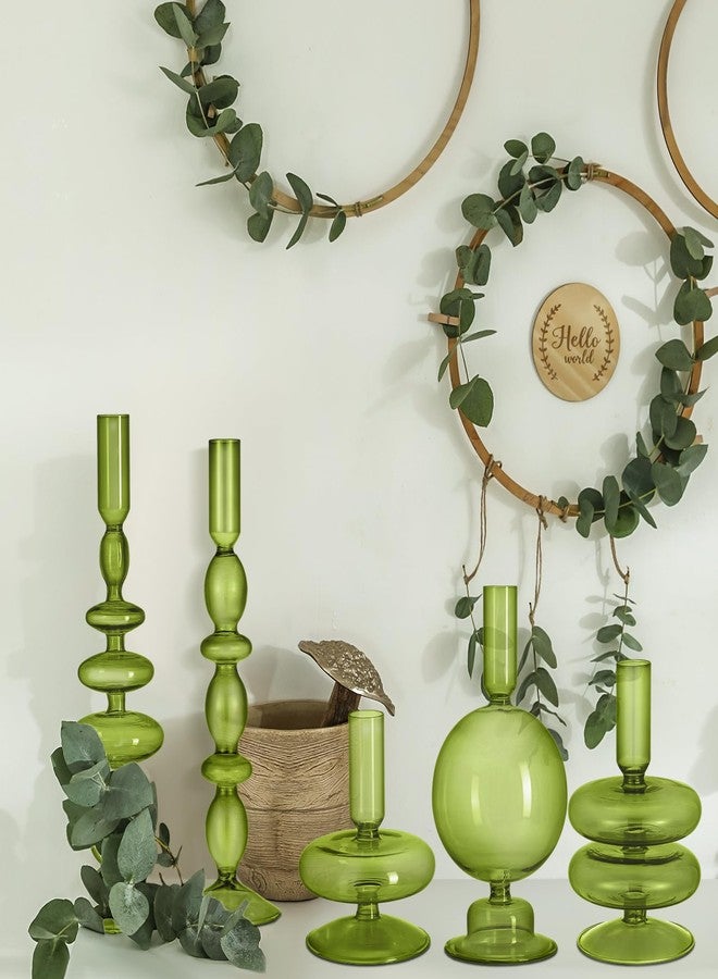 رتيري حامل شموع زجاجي من ريتيري، 5 قطع، حامل شموع زجاجي ملون، حامل شموع أنيق، حامل شموع بقاعدة شفافة بتصميم بوهيمي أنيق، مزهرية أنيقة لتزيين المنزل والحفلات (أخضر) - Image 5